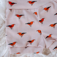 Eco-Friendly Organic Knit Baby Shorts | ‘I’iwi Hawaiian Native Bird Print | Soft & Comfy Diaper Cover Bummies, or Shorts