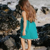 Girls Dress - Ocean Themed Dress with Lace Sleeves and Fringe Trim Toddler Dress - Baby Girl Dress -    Made in Maui, Hawaii