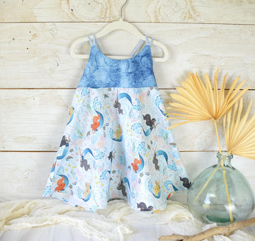 SALE - Size 6-12 and 1/2 yrs. left only Twirly Summer Dress for baby, toddler, youth, tween girl / Mermaid Print / Adjustable Straps