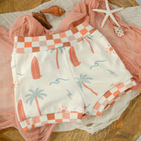 Eco- Friendly Organic Baby Shorts with Surf + Skate Print and Checkered Trim | Diaper Cover or Toddler Shorts | Handmade in Maui, Hawaii