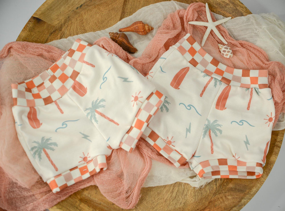 Eco- Friendly Organic Baby Shorts with Surf + Skate Print and Checkered Trim | Diaper Cover or Toddler Shorts | Handmade in Maui, Hawaii