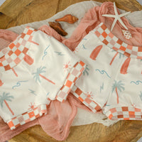 Eco- Friendly Organic Baby Shorts with Surf + Skate Print and Checkered Trim | Diaper Cover or Toddler Shorts | Handmade in Maui, Hawaii