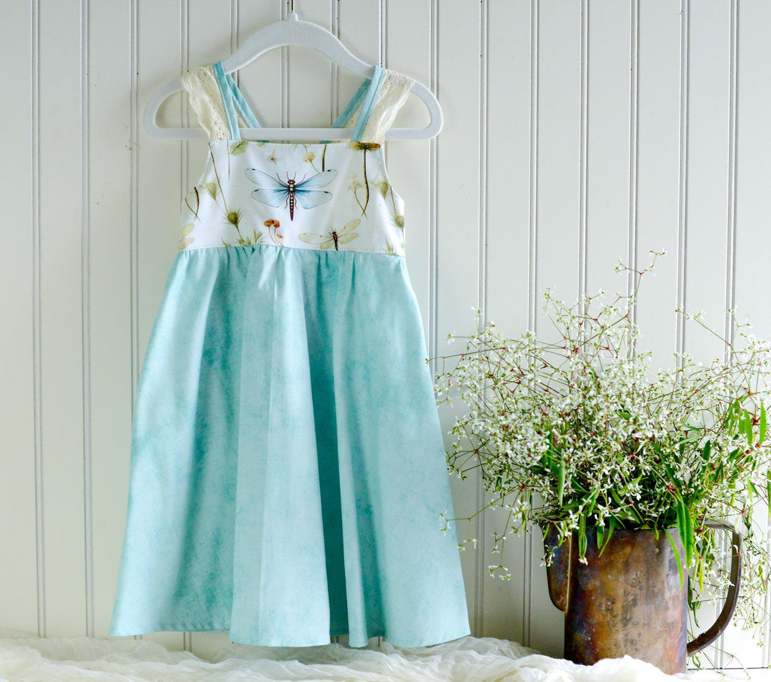 Dragonfly Girls Dress | Botanical Toddler Sundress, Lace Strap Back, Twirly Skirt | Garden Inspired, Handmade in Maui