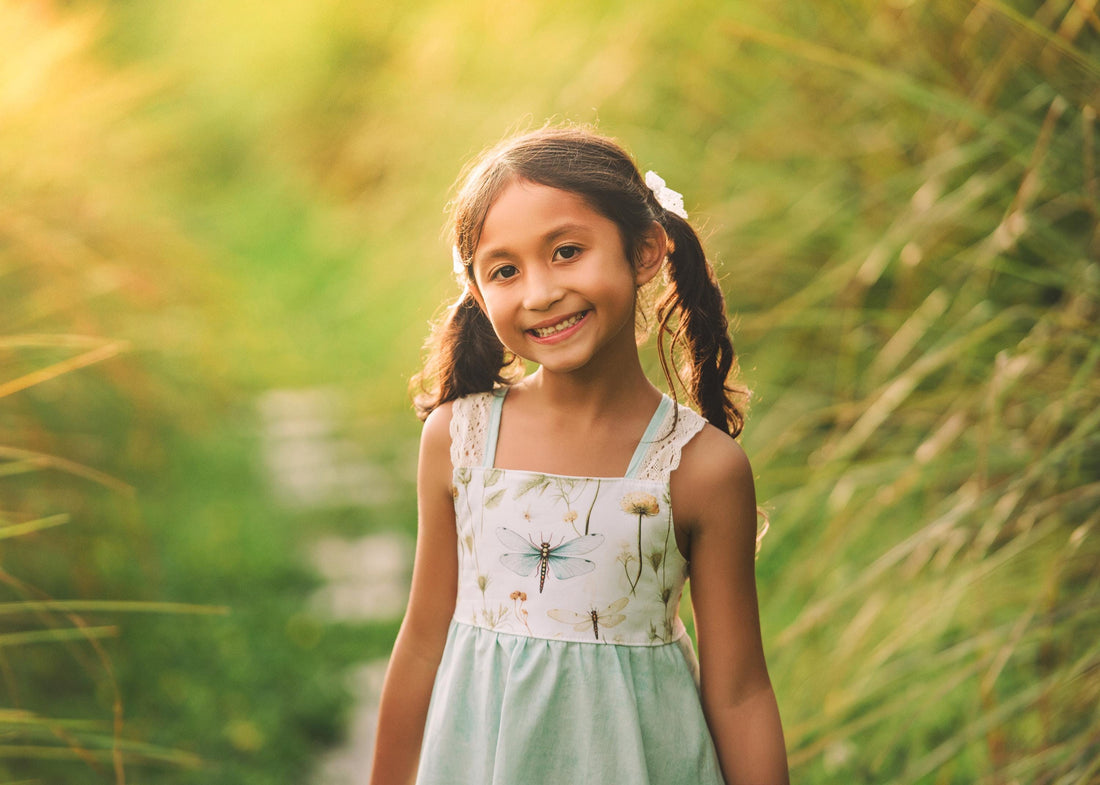 Dragonfly Girls Dress | Botanical Toddler Sundress, Lace Strap Back, Twirly Skirt | Garden Inspired, Handmade in Maui