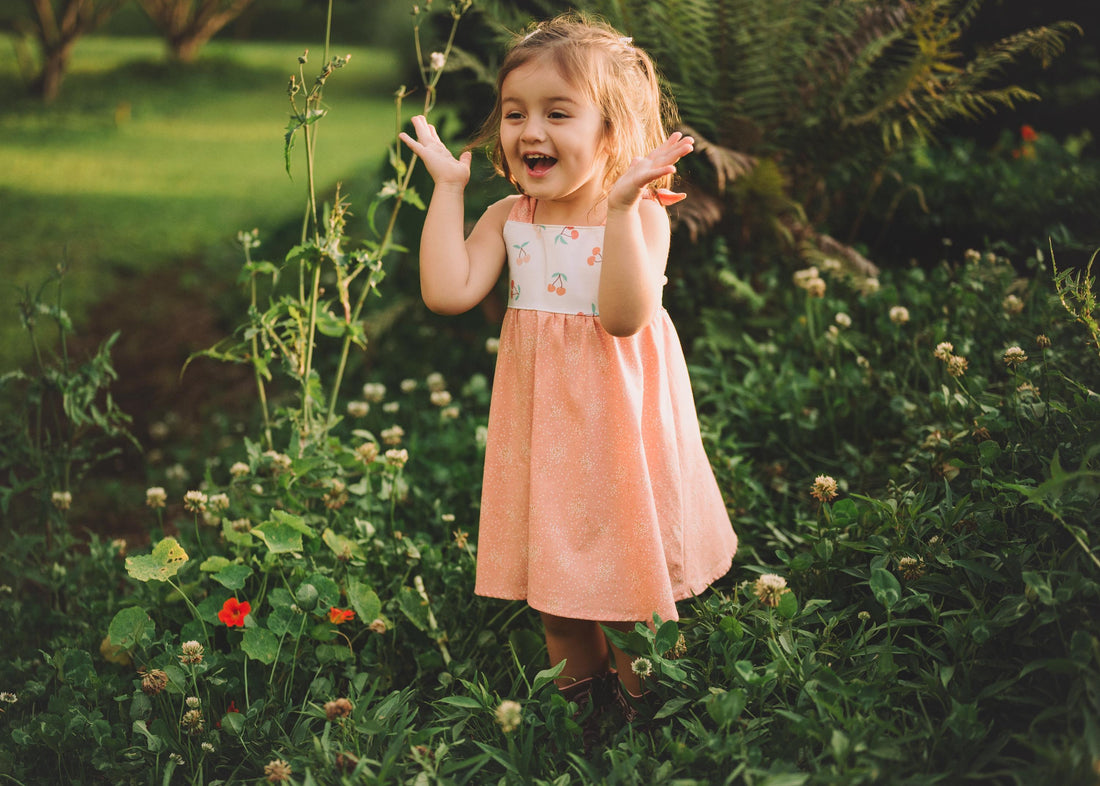 Girls Dress - Cherry Print with Peachy Twirly Skirt and Adjustable Straps - Baby, Toddler or Kid's Dress - Handmade in Maui, Hawaii USA