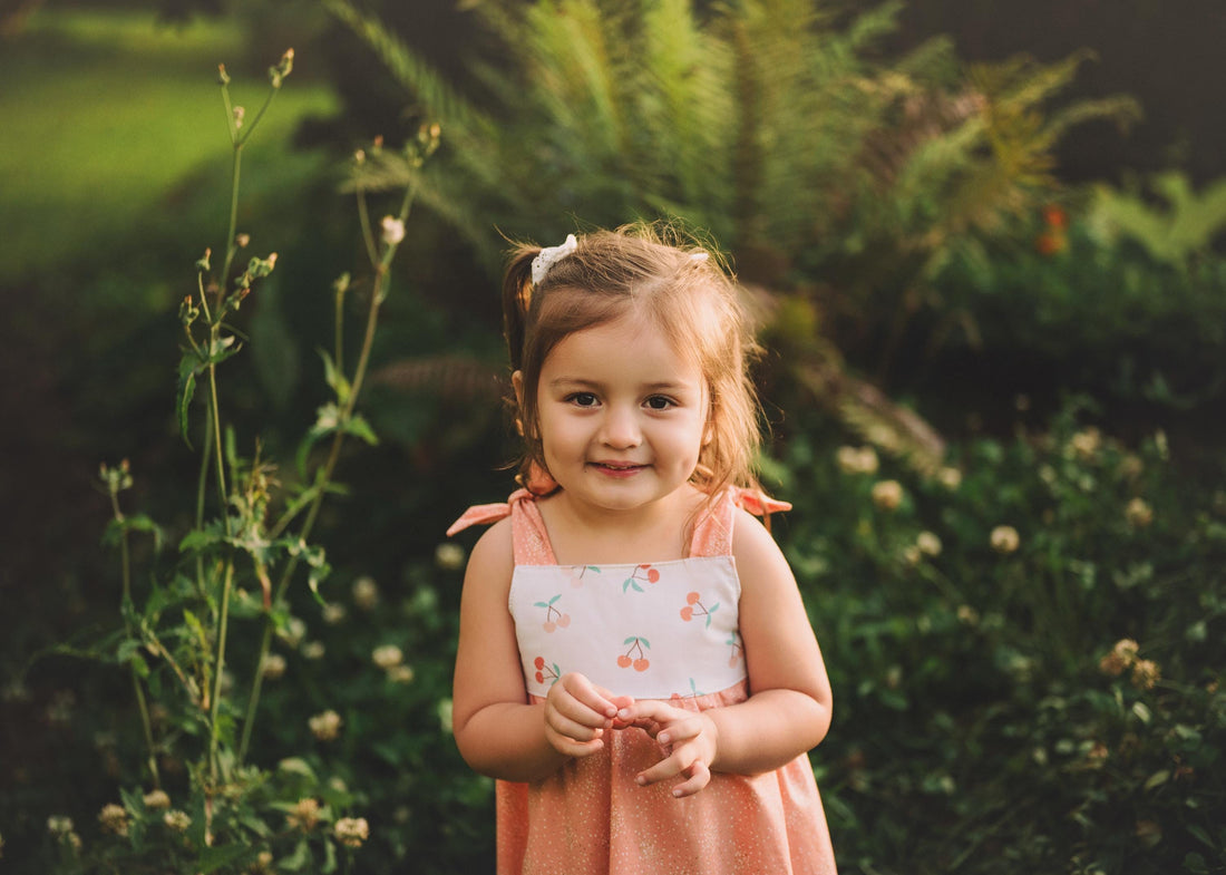 Girls Dress - Cherry Print with Peachy Twirly Skirt and Adjustable Straps - Baby, Toddler or Kid's Dress - Handmade in Maui, Hawaii USA