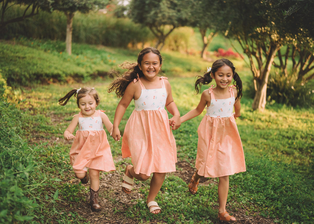 Girls Dress - Cherry Print with Peachy Twirly Skirt and Adjustable Straps - Baby, Toddler or Kid's Dress - Handmade in Maui, Hawaii USA