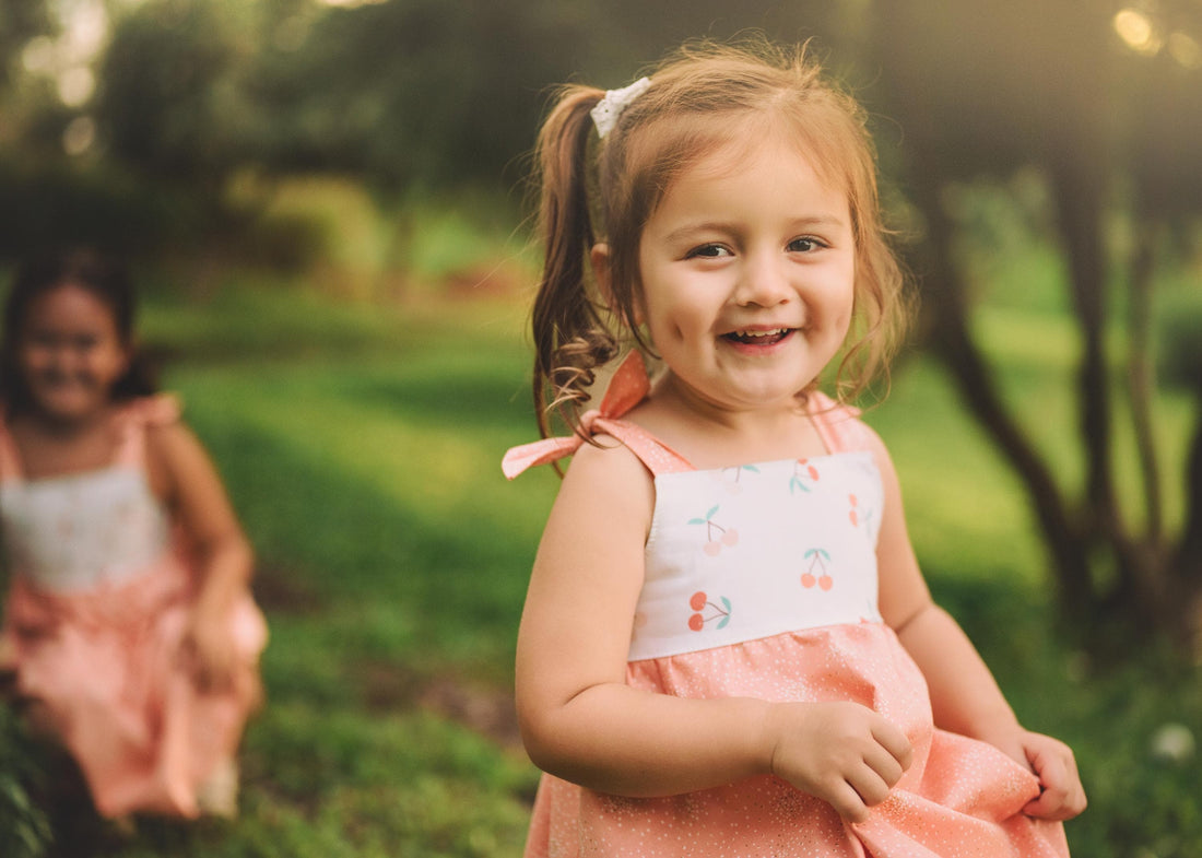 Girls Dress - Cherry Print with Peachy Twirly Skirt and Adjustable Straps - Baby, Toddler or Kid's Dress - Handmade in Maui, Hawaii USA