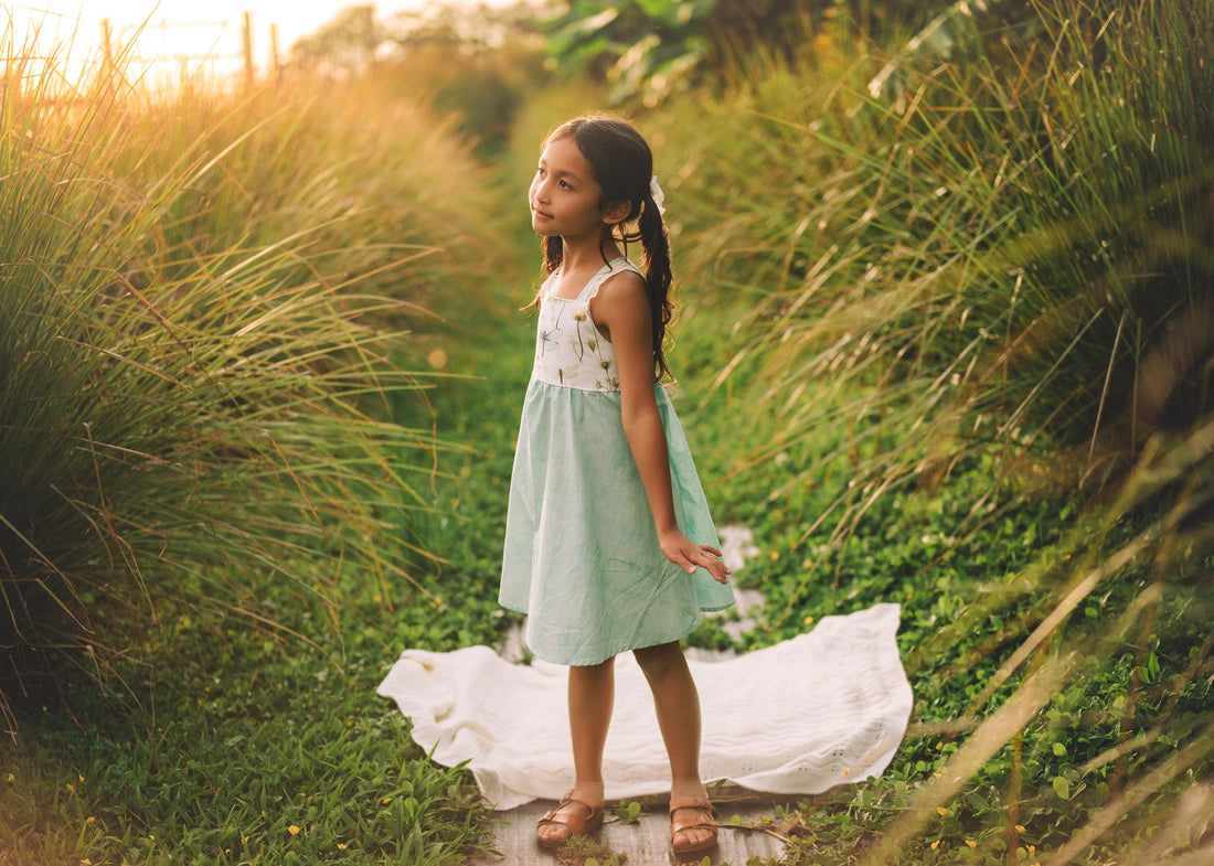 Dragonfly Girls Dress | Botanical Toddler Sundress, Lace Strap Back, Twirly Skirt | Garden Inspired, Handmade in Maui