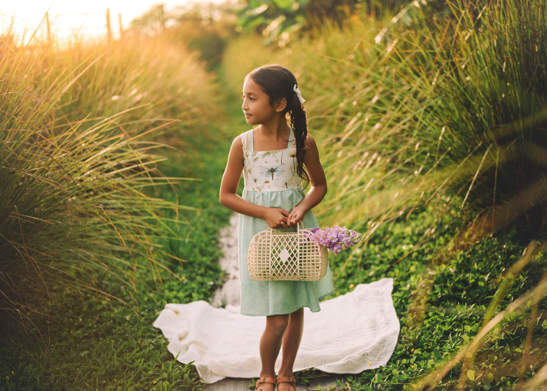 Dragonfly Girls Dress | Botanical Toddler Sundress, Lace Strap Back, Twirly Skirt | Garden Inspired, Handmade in Maui