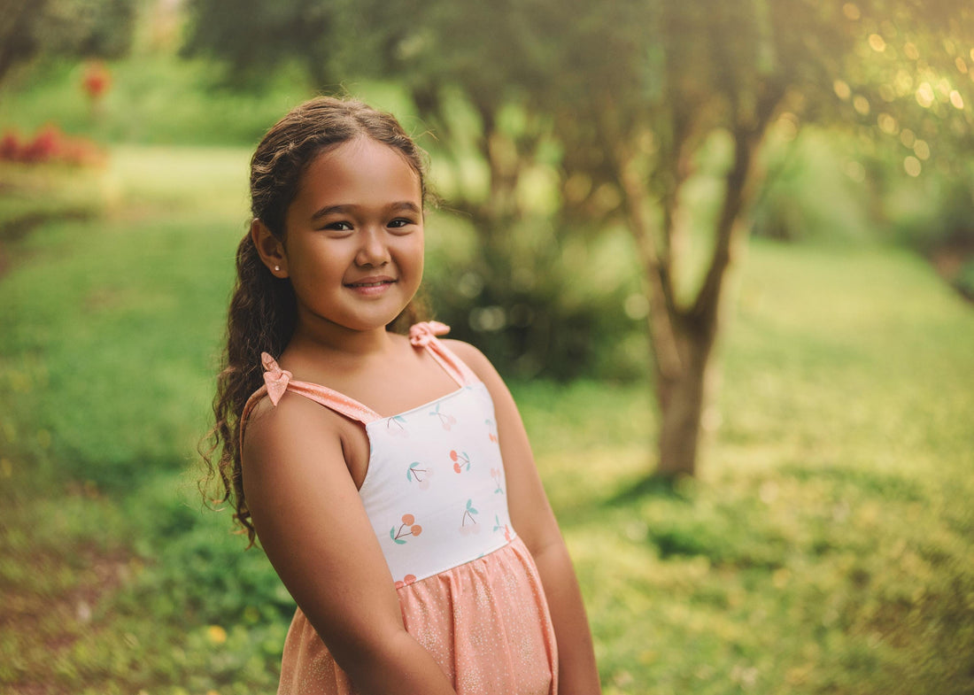 Girls Dress - Cherry Print with Peachy Twirly Skirt and Adjustable Straps - Baby, Toddler or Kid's Dress - Handmade in Maui, Hawaii USA