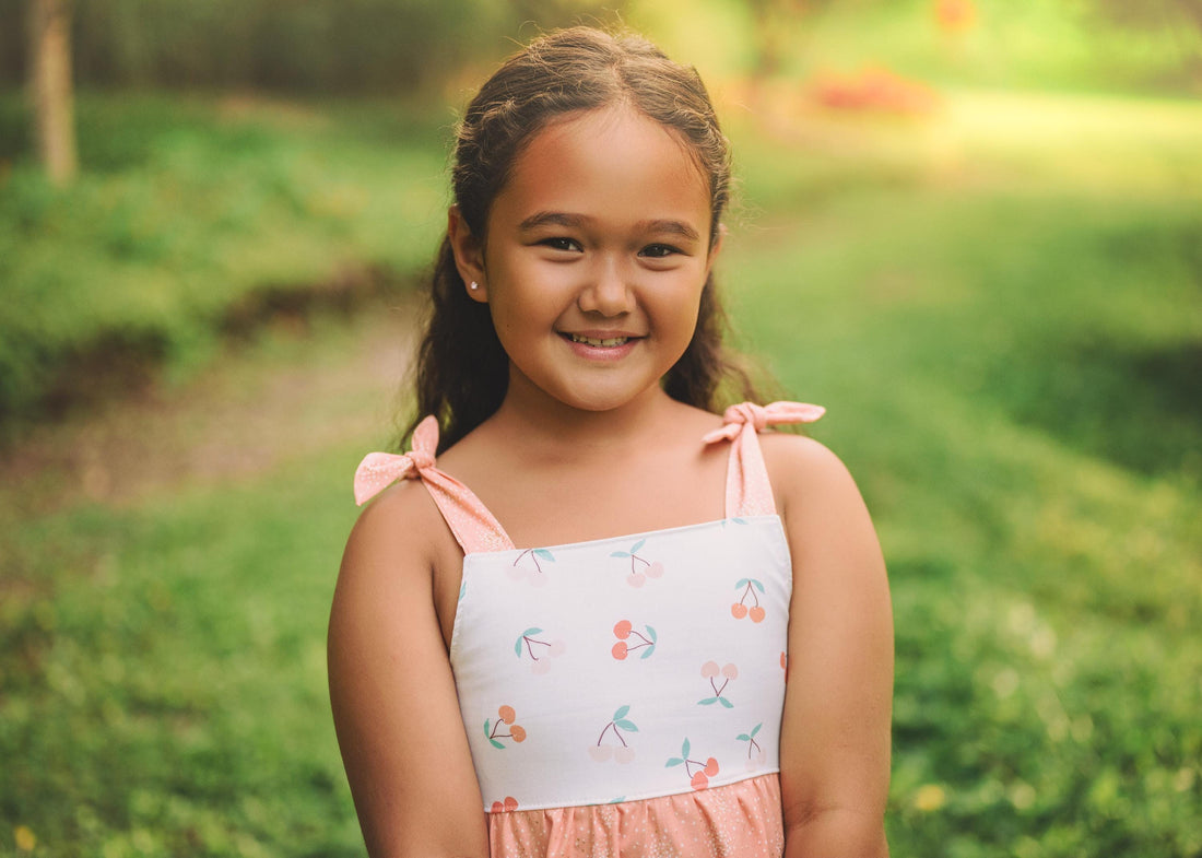 Girls Dress - Cherry Print with Peachy Twirly Skirt and Adjustable Straps - Baby, Toddler or Kid's Dress - Handmade in Maui, Hawaii USA