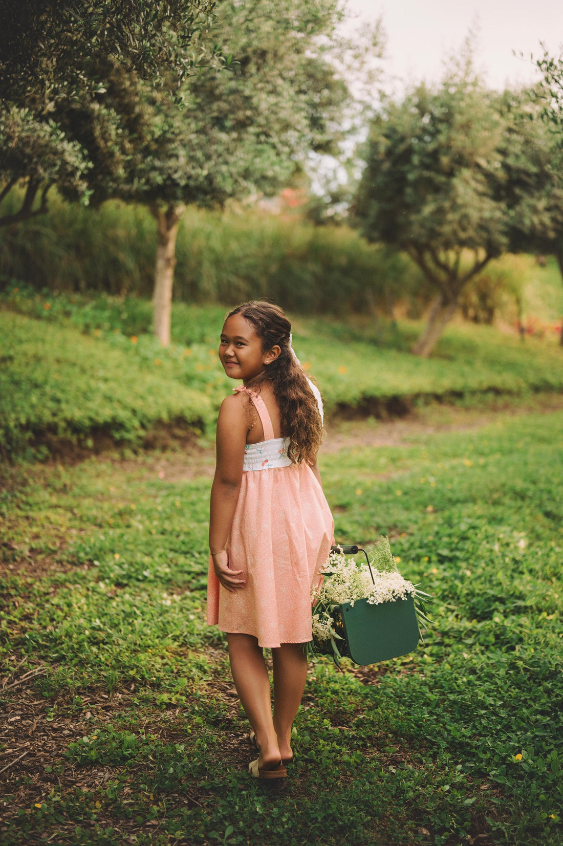 Girls Dress - Cherry Print with Peachy Twirly Skirt and Adjustable Straps - Baby, Toddler or Kid's Dress - Handmade in Maui, Hawaii USA