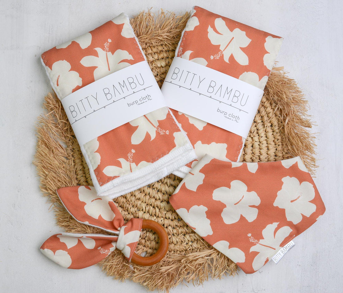 Hibiscus Baby Gift Set | Hawaiian Baby Shower Gift | Burp Cloths, Bib & Teether | Handmade in Maui