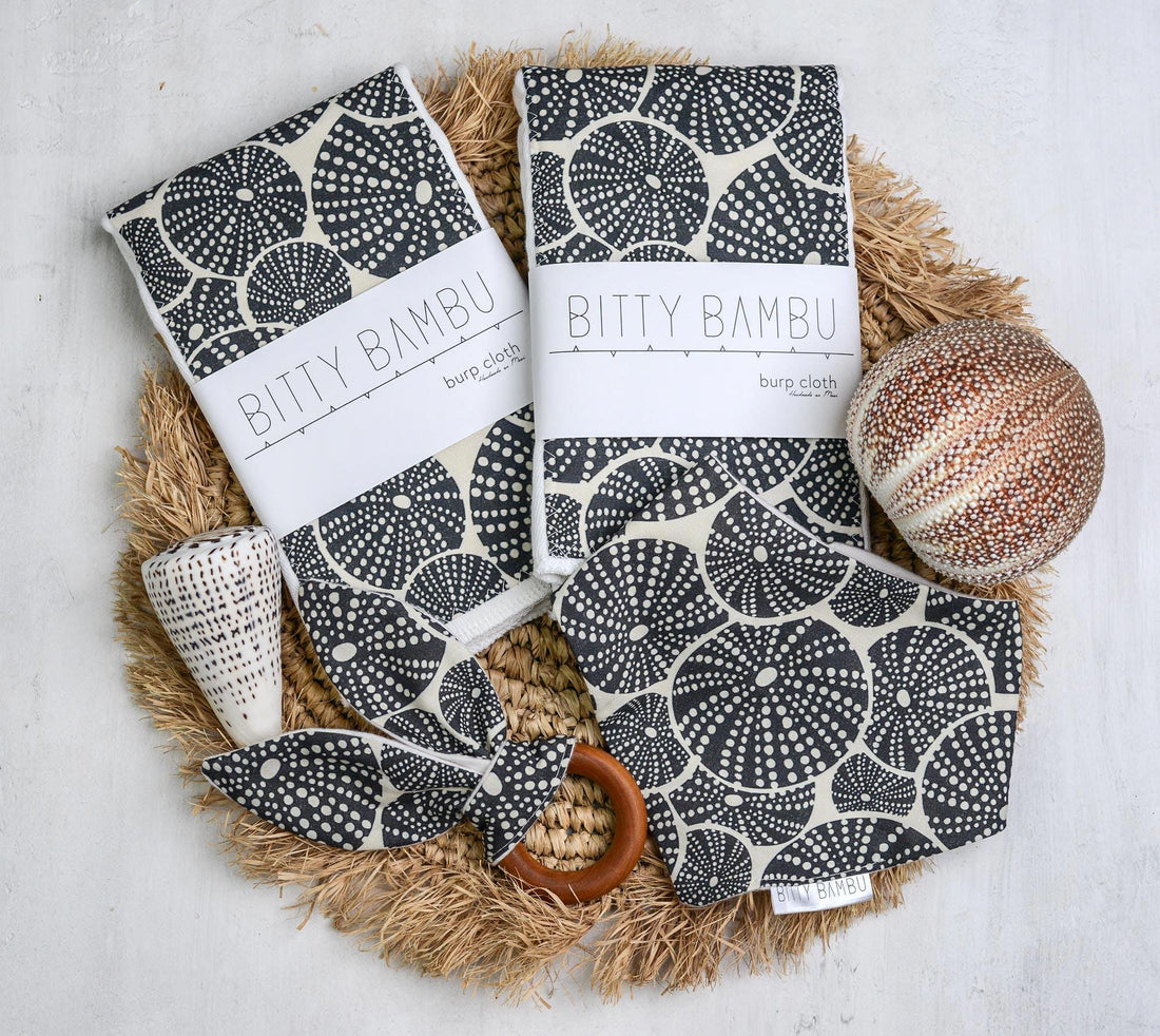 Sea Urchin Baby Gift Set | Hawaiian Baby Shower Gift | Burp Cloths, Bib & Teether | Handmade in Maui