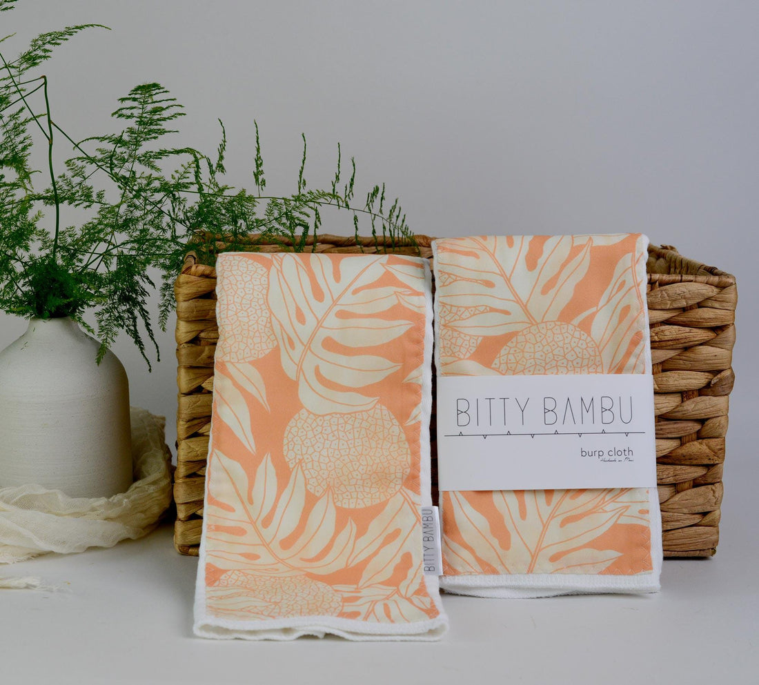 Hawaiian Baby Burp Cloth - Ulu Breadfruit Print in Peach - Tropical Baby Gift - Handmade in Hawaii