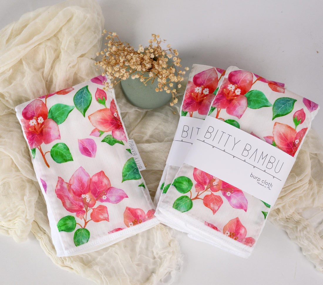 Mango Baby Burp Cloth - Tropical Hawaii Baby Gift - Exclusive Bougainvillea Print - Handmade in Maui