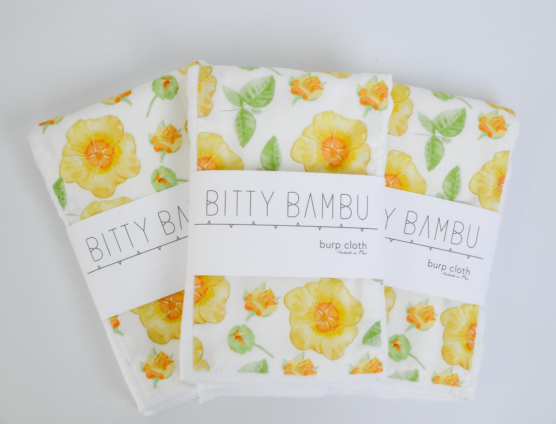 Baby Burp Cloth (Single)- Layette Gift- 'Ilima Flowers  - Made in Maui, Hawaii USA