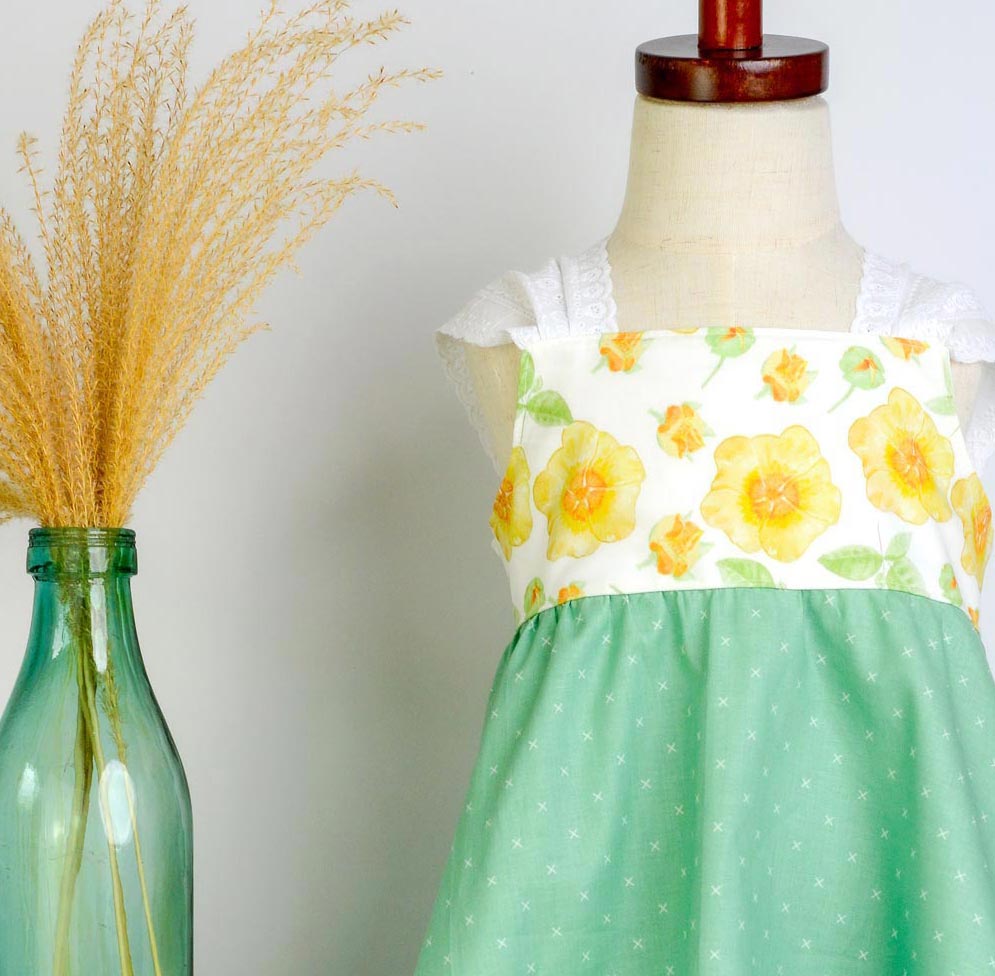 Girls Dress - 'Ilima Flower Print with Twirly Skirt and Lace -  Hawaii Floral Toddler Dress - Baby Girl Dress - Handmade in Maui, Hawaii USA