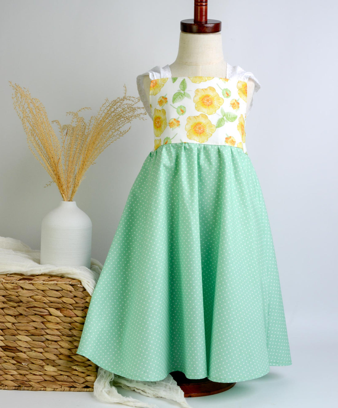 Girls Dress - 'Ilima Flower Print with Twirly Skirt and Lace -  Hawaii Floral Toddler Dress - Baby Girl Dress - Handmade in Maui, Hawaii USA