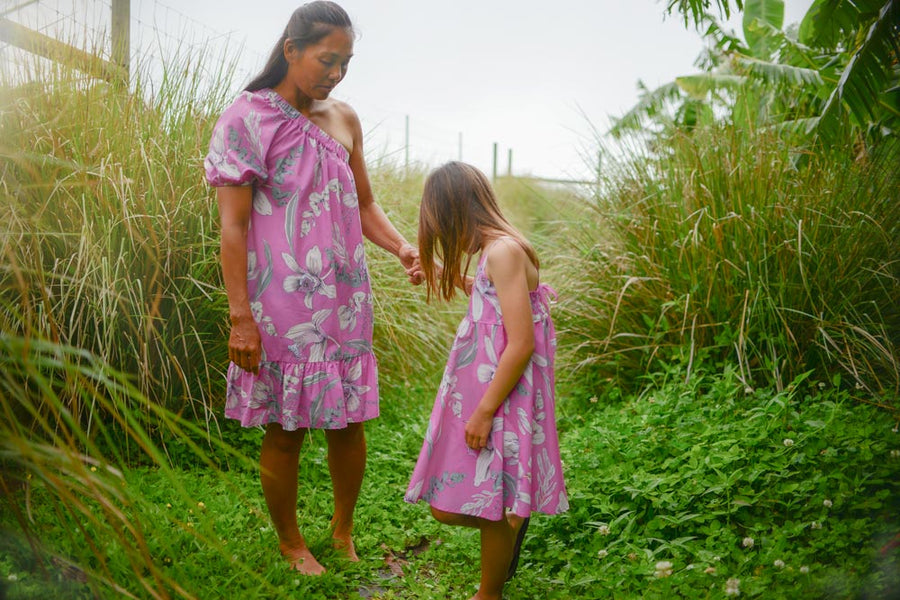 Girls Dress in Pink Orchid - Mu'u House x Bitty Bambu Collaboration Dress - Made on Maui, Hawaii