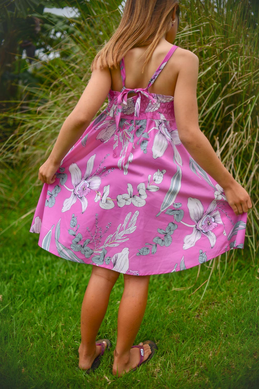 Girls Dress in Pink Orchid - Mu'u House x Bitty Bambu Collaboration Dress - Made on Maui, Hawaii