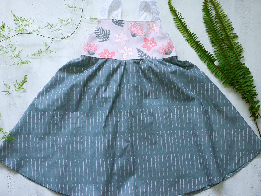 Handmade Girls' Lei Garden Dress | Plumeria and Ohia Flowers | Twirly Dress | 100% Cotton | Made in Hawaii