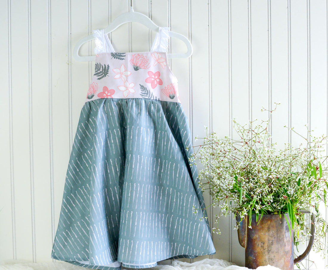 Handmade Girls' Lei Garden Dress | Plumeria and Ohia Flowers | Twirly Dress | 100% Cotton | Made in Hawaii