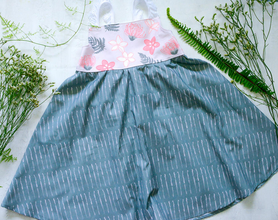 Handmade Girls' Lei Garden Dress | Plumeria and Ohia Flowers | Twirly Dress | 100% Cotton | Made in Hawaii