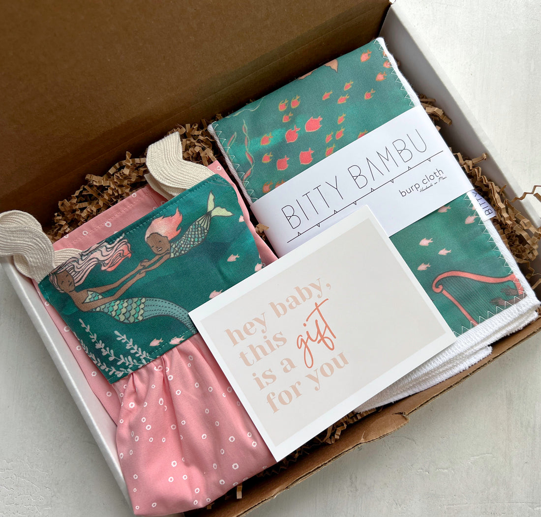 Baby Gift Box - Mermaid Themed Gift Set for Baby Girl with High Quality Handmade Dress and a Handmade Burp Cloth - Made in Maui, Hawaii