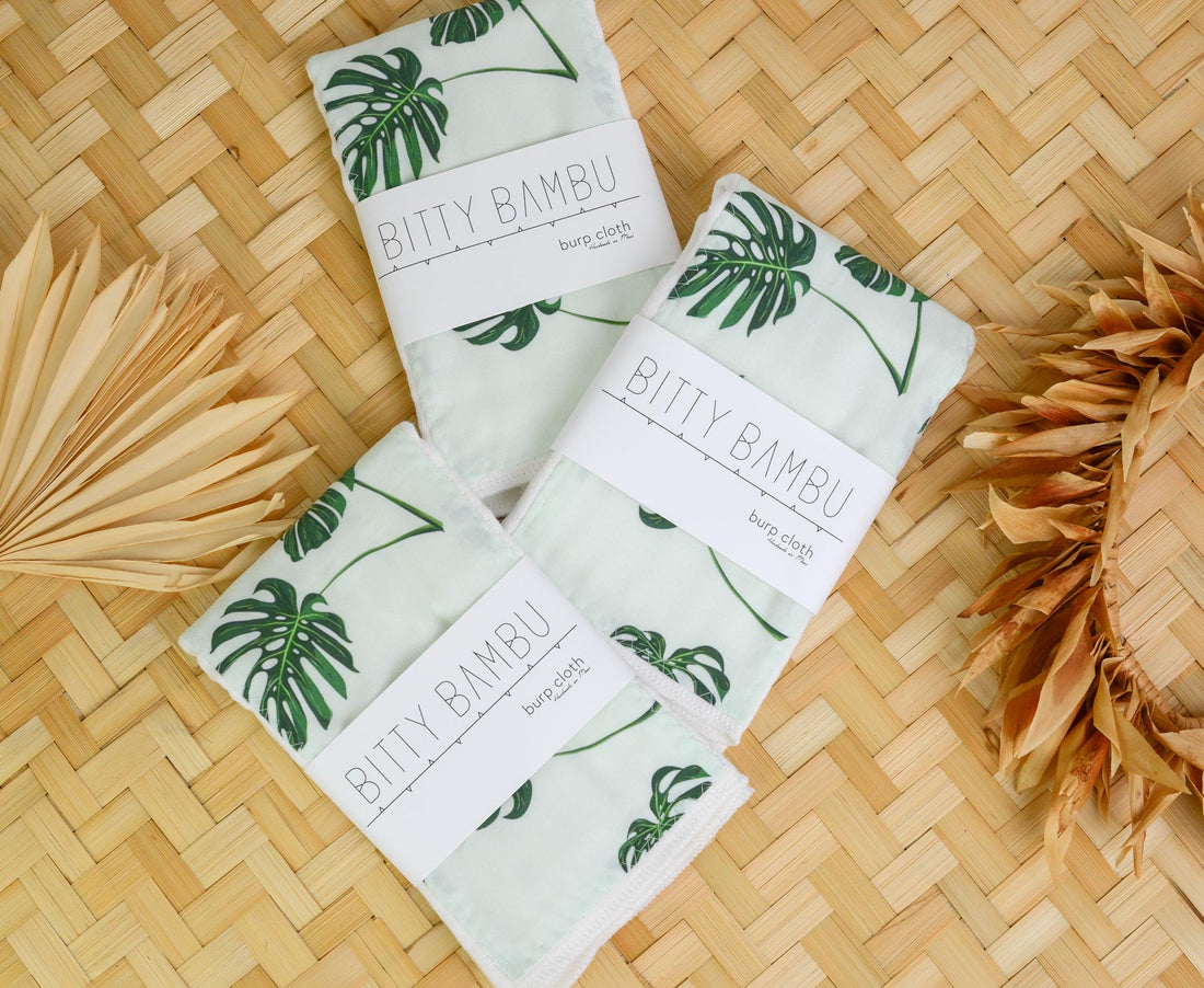 Hawaii Baby Gift, Monstera Print Baby Shower Gift, Tropical Burp Cloth Set, Handmade in Maui