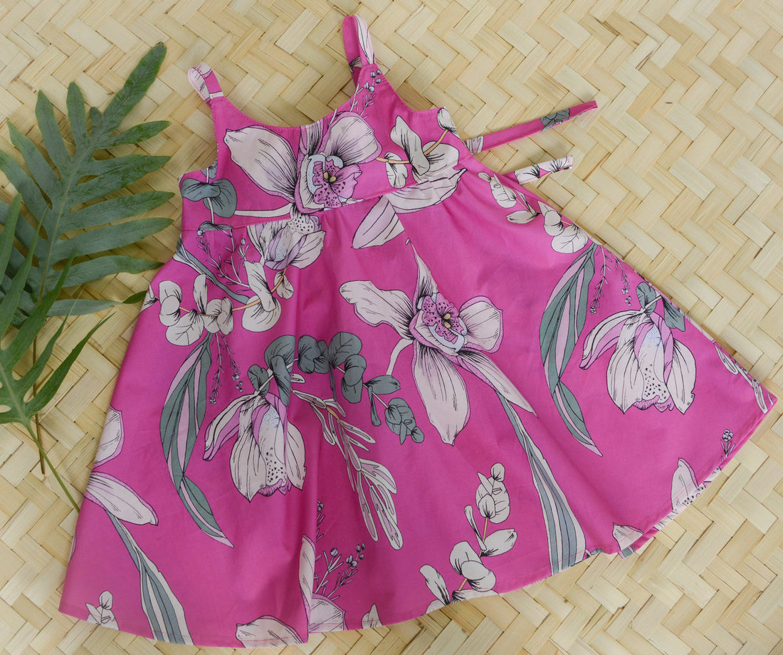 Girls Dress in Pink Orchid - Mu'u House x Bitty Bambu Collaboration Dress - Made on Maui, Hawaii