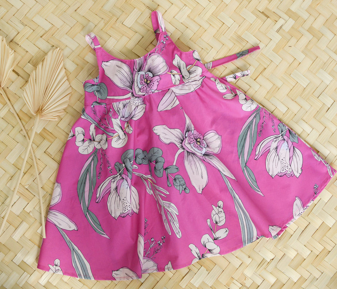 Girls Dress in Pink Orchid - Mu'u House x Bitty Bambu Collaboration Dress - Made on Maui, Hawaii