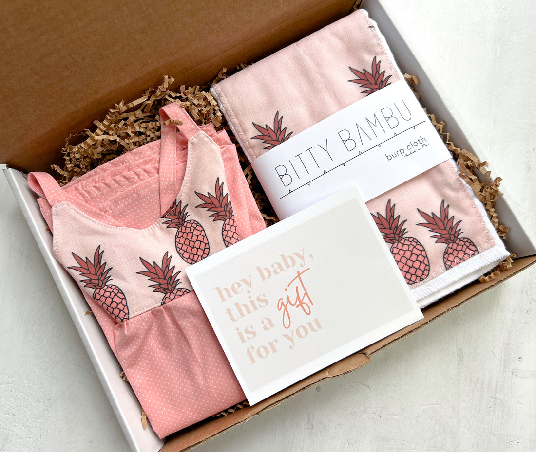Baby Gift Box - Pineapples Themed Gift Set for Baby Girl with High Quality Handmade Dress and a Handmade Burp Cloth - Made in Maui, Hawaii