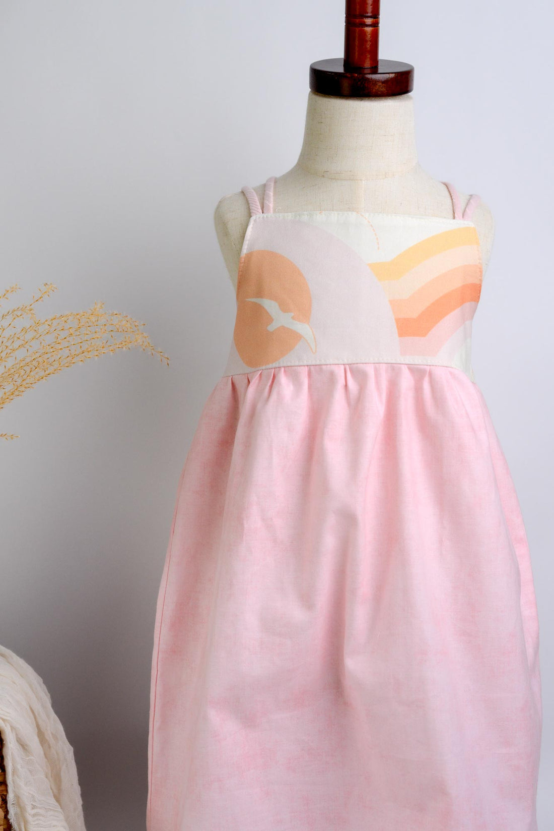 SAMPLE SALE DRESS - Retro Print Sun and Birds in Pink