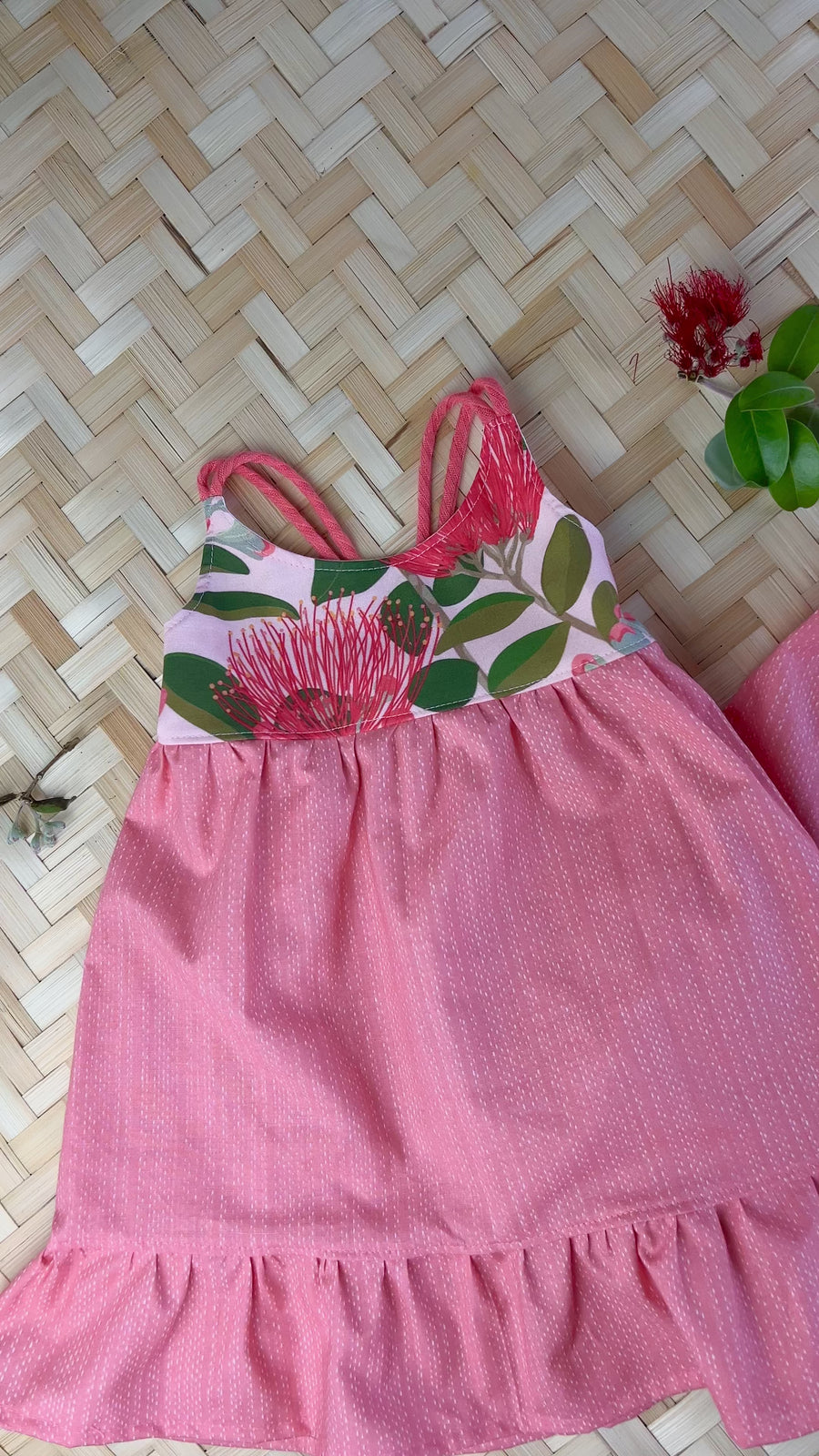 Handmade Girls' Ohia Flower Dress | Soft Stretchy Straps, Ruffled Skirt & Shirred Back | 100% Cotton | Made in Maui, Hawaii