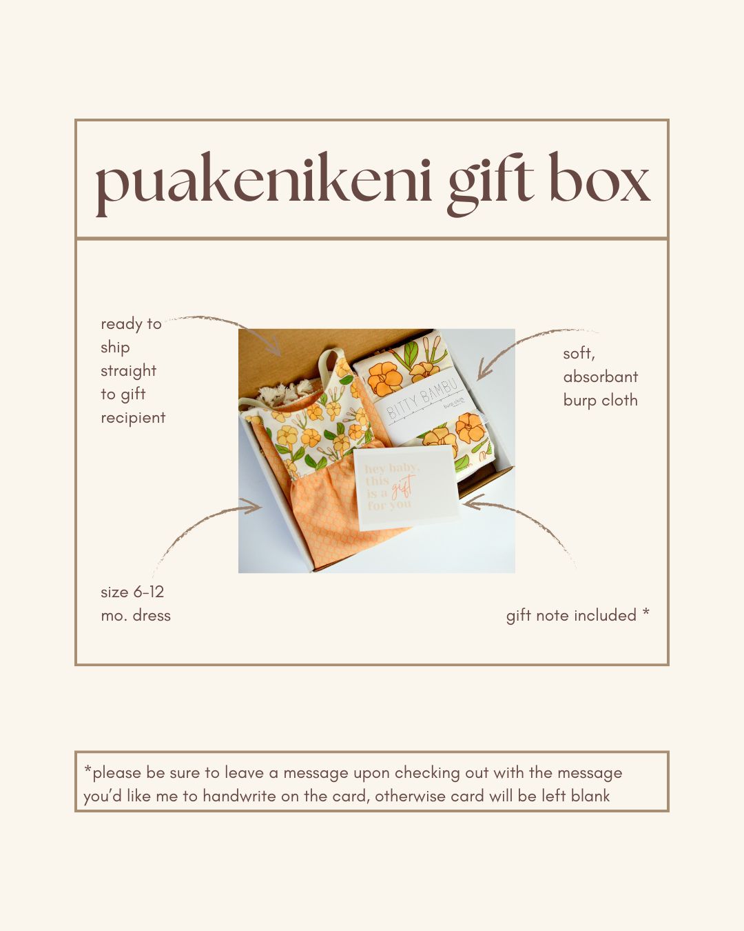 Handmade Baby Girl Gift Box | Puakenikeni Flower Print  Dress & Burp Cloth Set | Size 6-12 Months | Made in Maui, Hawaii