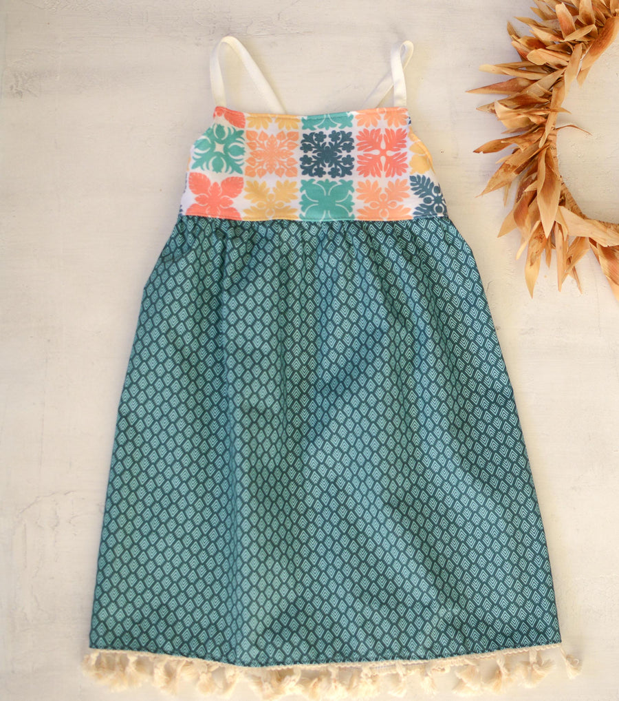 Handmade Girls' Hawaiian Quilt Design Dress with Fringe | Toddler & Baby Girl Dress | 100% Cotton | Made in Hawaii