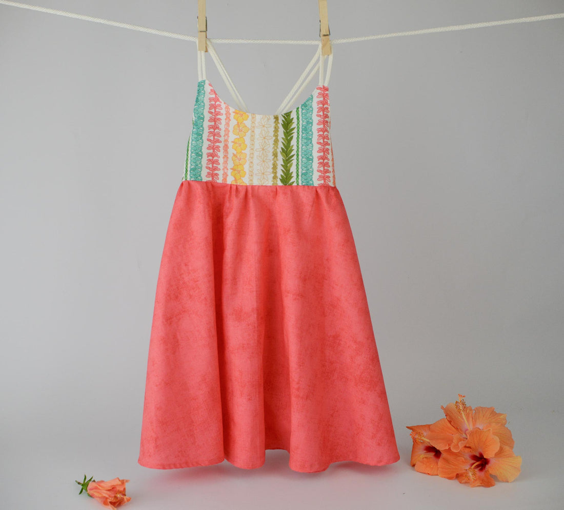 Handmade Girls Lei Print Twirl Dress – Rainbow Flower Design, 100% Cotton