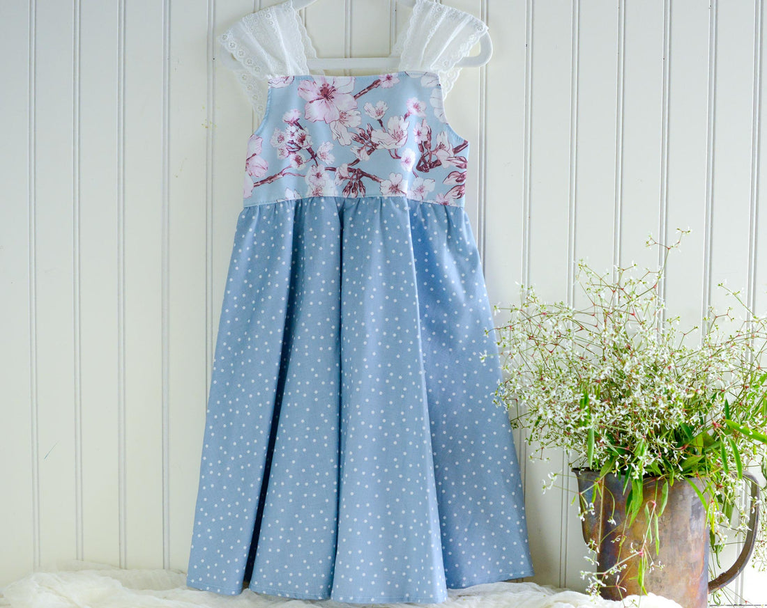 Girls Dress - Sakura Cherry Blossom Print with Twirly Skirt and Lace - bitty bambu Girls Dress - Sakura Cherry Blossom Print with Twirly Skirt and Lace - bitty bambu