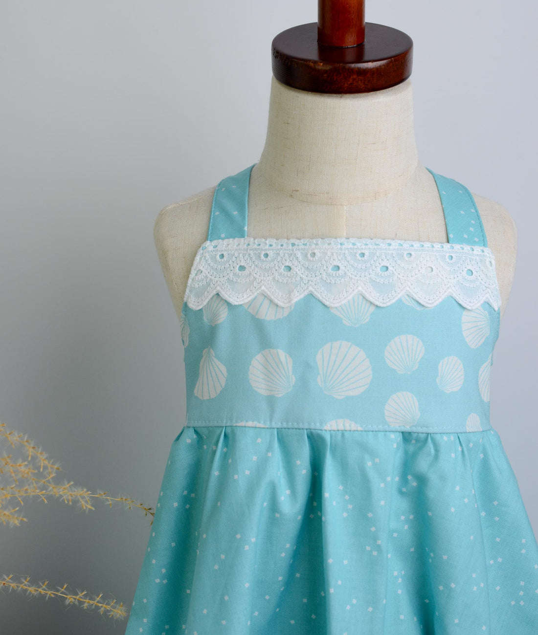 SAMPLE SALE DRESS - Seashells in Blue with Lace Trimmed Bodice