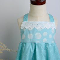SAMPLE SALE DRESS - Seashells in Blue with Lace Trimmed Bodice