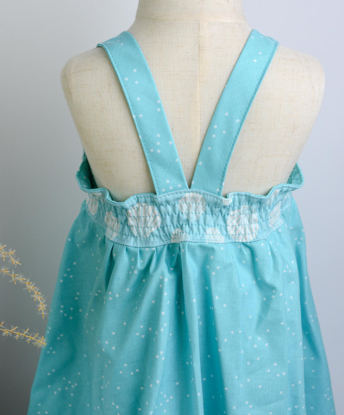 SAMPLE SALE DRESS - Seashells in Blue with Lace Trimmed Bodice