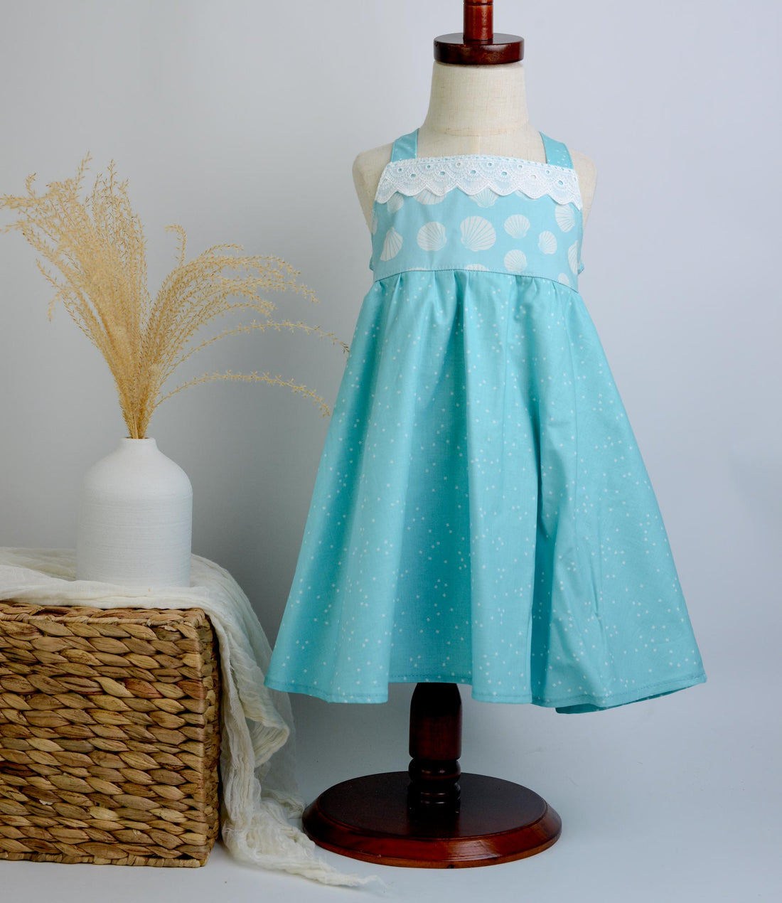 SAMPLE SALE DRESS - Seashells in Blue with Lace Trimmed Bodice