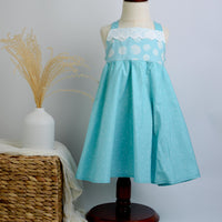 SAMPLE SALE DRESS - Seashells in Blue with Lace Trimmed Bodice