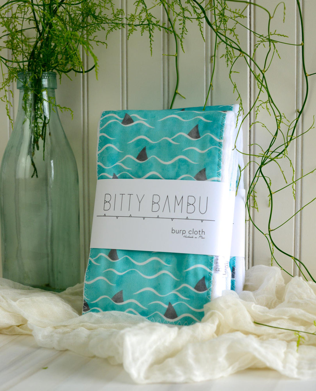 Shark / Ocean Baby Burp Cloth - Single Burp Cloth -  Hawaii Made Baby Gift - Newborn Gift Idea - Made in Maui, Hawaii