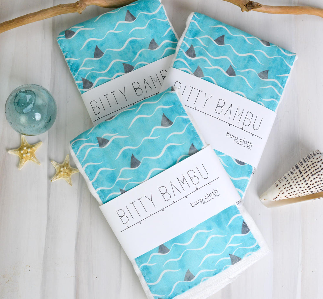 Hawaii Baby Gift, Shark Fins and Waves Baby Shower Gift, Burp Cloth Set, Handmade in Maui