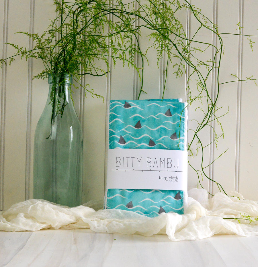 Shark / Ocean Baby Burp Cloth - Single Burp Cloth -  Hawaii Made Baby Gift - Newborn Gift Idea - Made in Maui, Hawaii