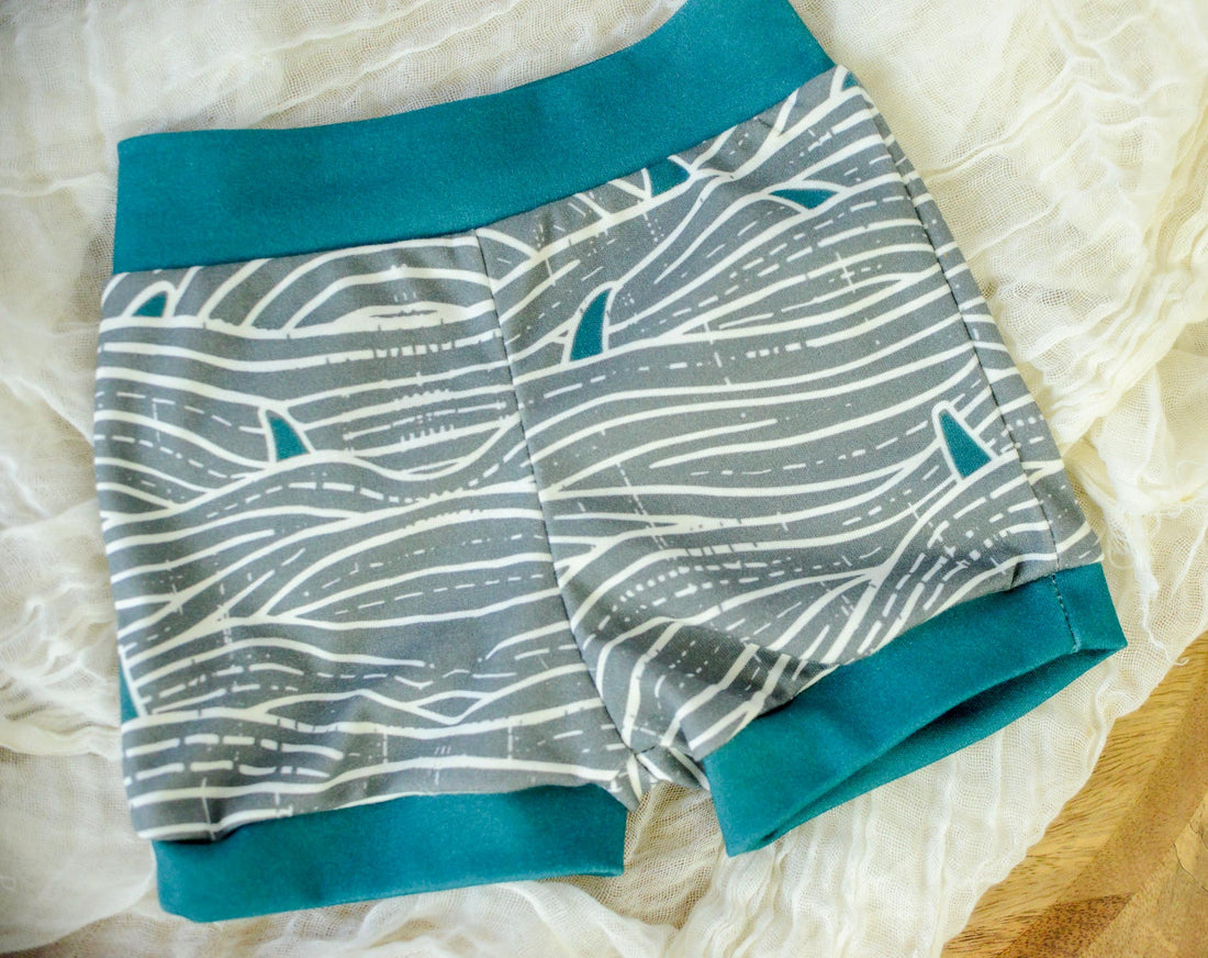 Eco-Friendly Organic Knit Baby Shorts | Waves and Shark Fins | Soft & Comfy Diaper Cover Bummies, or Shorts