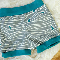 Eco-Friendly Organic Knit Baby Shorts | Waves and Shark Fins | Soft & Comfy Diaper Cover Bummies, or Shorts